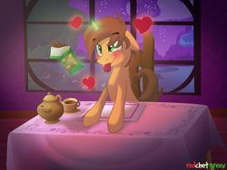 Size: 4000x3000 | Tagged: safe, artist:redchetgreen, imported from derpibooru, oc, oc only, pony, unicorn, chocolate, floppy ears, food, heart, night, solo, table, teapot, tongue out, window