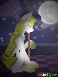 Size: 1300x1700 | Tagged: safe, artist:redchetgreen, imported from derpibooru, oc, oc only, earth pony, pony, cloud, mare in the moon, moon, night, sleeping, solo, spear, stars, weapon