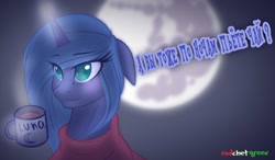 Size: 1280x746 | Tagged: safe, artist:redchetgreen, imported from derpibooru, princess luna, alicorn, pony, cyrillic, female, food, horn, mare, moon, mug, russian, solo, tea