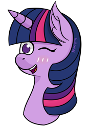 Size: 1280x1817 | Tagged: safe, artist:subleni, imported from derpibooru, twilight sparkle, bust, cute, one eye closed, open mouth, open smile, portrait, simple background, smiling, solo, white background, wink