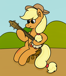 Size: 1280x1482 | Tagged: safe, artist:subleni, imported from derpibooru, applejack, banjo, hat, musical instrument, playing instrument, simple background