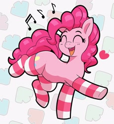Size: 3274x3554 | Tagged: safe, artist:pabbley, imported from derpibooru, pinkie pie, earth pony, pony, clothes, dancing, eyes closed, floating heart, friday night funkin', heart, music notes, open mouth, open smile, plump, singing, smiling, socks, solo, striped socks
