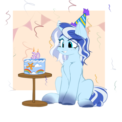 Size: 1000x1000 | Tagged: safe, artist:thieftea, imported from derpibooru, oc, oc:urban wave, unicorn, birthday, birthday cake, cake, food, hat, party hat, smiling, solo