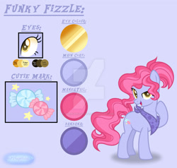 Size: 1280x1218 | Tagged: safe, artist:purplepotato04, imported from derpibooru, oc, oc:funky fizzle, earth pony, pony, deviantart watermark, female, mare, obtrusive watermark, offspring, parent:pinkie pie, parent:pokey pierce, parents:pokeypie, reference sheet, show accurate, solo, watermark