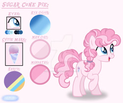 Size: 1280x1077 | Tagged: safe, artist:purplepotato04, imported from derpibooru, oc, oc:sugar cone pie, earth pony, pony, deviantart watermark, female, mare, obtrusive watermark, offspring, parent:double diamond, parent:pinkie pie, parents:doublepinkie, reference sheet, show accurate, solo, watermark