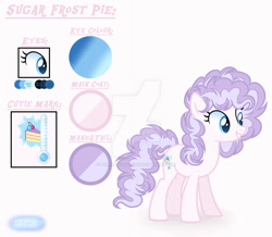 Size: 1280x1118 | Tagged: safe, artist:purplepotato04, imported from derpibooru, oc, oc:sugar frost pie, earth pony, pony, female, mare, obtrusive watermark, offspring, parent:double diamond, parent:pinkie pie, reference sheet, show accurate, solo, watermark