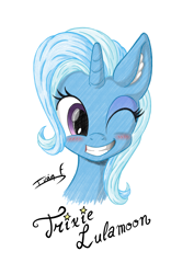 Size: 2481x3508 | Tagged: safe, artist:memprices, imported from derpibooru, trixie, pony, unicorn, blushing, bust, clip studio paint, cute, diatrixes, ear fluff, ears up, female, front view, high res, horn, looking at you, mare, one eye closed, pencil, pencil drawing, signature, simple background, smiling, smiling at you, solo, text, traditional art, white background, wink, winking at you