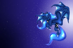 Size: 1280x835 | Tagged: safe, artist:aprilsilverwolf, imported from derpibooru, princess luna, alicorn, dracony, dragon, hybrid, pony, blue mane, blue tail, dracony alicorn, dragon wings, dragonified, fangs, female, flowing mane, flowing tail, flying, high res, hoof shoes, horn, hybrid wings, large wings, long horn, mare, moon, moonlight, night, open mouth, sky, smiling, solo, species swap, spread wings, stars, tail, teeth, wings