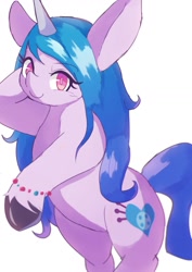 Size: 1191x1684 | Tagged: safe, artist:sc_kis_rko, imported from derpibooru, izzy moonbow, pony, unicorn, bipedal, bracelet, female, g5, horn, jewelry, looking at you, mare, simple background, smiling, smiling at you, solo, white background