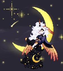 Size: 1886x2120 | Tagged: safe, artist:sscorpionsss, imported from derpibooru, oc, oc only, alicorn, pony, alicorn oc, crescent moon, horn, moon, pixel art, shooting star, sitting, solo, stars, tangible heavenly object, transparent moon, wings