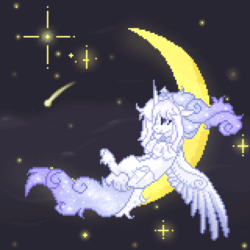 Size: 1500x1500 | Tagged: safe, artist:sscorpionsss, imported from derpibooru, oc, oc only, alicorn, pony, alicorn oc, animated, commission, crescent moon, ethereal mane, gif, horn, moon, pixel art, shooting star, sitting, solo, starry mane, stars, tangible heavenly object, transparent moon, wings, ych result