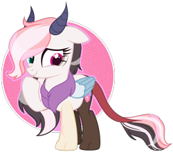 Size: 2570x2275 | Tagged: safe, artist:mint-light, artist:stormcloud-yt, imported from derpibooru, oc, oc only, draconequus, hybrid, pony, base used, draconequus oc, eyelashes, female, horns, interspecies offspring, offspring, parent:discord, parent:fluttershy, parents:discoshy, raised hoof, simple background, smiling, solo, transparent background, wings
