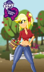 Size: 963x1572 | Tagged: safe, artist:spired_cake, imported from derpibooru, applejack, equestria girls, big breasts, breasts, bucket, busty applejack, cleavage, clothes, denim, eyelashes, female, front knot midriff, jeans, midriff, outdoors, pants, solo