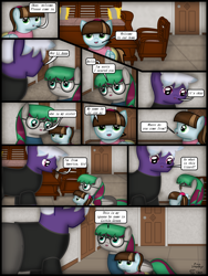 Size: 1750x2333 | Tagged: safe, artist:99999999000, imported from derpibooru, oc, oc only, oc:firearm king, oc:li anna, oc:li jie ai, earth pony, pony, comic:journey, clothes, comic, couch, door, female, filly, foal, male