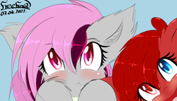 Size: 2000x1143 | Tagged: safe, artist:freefraq, imported from derpibooru, oc, oc:cherry slime, oc:lilac san, bat pony, goo, goo pony, original species, cute