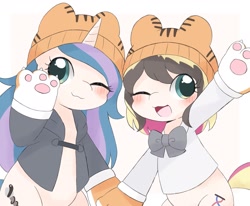 Size: 1947x1608 | Tagged: safe, artist:adamai_0517, artist:ginmaruxx, imported from derpibooru, oc, oc only, big cat, earth pony, pony, tiger, unicorn, :3, animal costume, blushing, clothes, costume, cute, duo, duo female, female, hat, jacket, looking at you, mare, ocbetes, one eye closed, open mouth, paw pads, paws, simple background, white background, wink, winking at you, year of the tiger