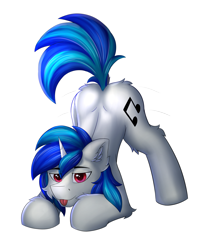 Size: 4148x4964 | Tagged: safe, artist:flapstune, imported from derpibooru, dj pon-3, vinyl scratch, pony, unicorn, butt, cute, face down ass up, horn, looking at you, male, plot, record scrape, red eyes, rule 63, simple background, stallion, tongue out, transparent background, wiggle