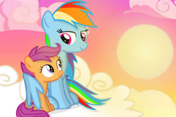 Size: 1280x857 | Tagged: safe, artist:mlplary6, imported from derpibooru, rainbow dash, scootaloo, pegasus, pony, cloud, female, filly, foal, hug, looking at each other, mare, scootalove, siblings, sisters, sky, smiling, smiling at each other, sun, sunset, winghug, wings