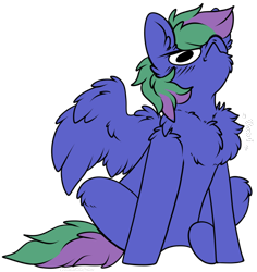 Size: 1110x1174 | Tagged: safe, artist:ababumilkshake, imported from derpibooru, oc, oc only, oc:lishka, pegasus, pony, :c, >:c, behaving like a bird, chest fluff, commission, commissioner:biohazard, cute, eyebrows, female, fluffy, frown, furrowed brow, hair over one eye, mare, onomatopoeia, peacocking, pegasus oc, silly, silly pony, simple background, solo, tail, transparent background, two toned mane, two toned tail, wing fluff, wings, ych result