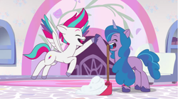 Size: 1306x727 | Tagged: safe, imported from derpibooru, screencap, izzy moonbow, zipp storm, pegasus, pony, unicorn, spoiler:g5, spoiler:my little pony: tell your tale, spoiler:tyts01e01, a home to share, female, g5, hoofbump, mare, my little pony: tell your tale
