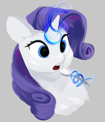 Size: 1015x1182 | Tagged: safe, artist:some_ponu, imported from derpibooru, rarity, pony, unicorn, bust, glowing, glowing horn, gray background, horn, levitation, magic, open mouth, portrait, simple background, solo, spoon, telekinesis