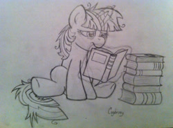 Size: 1024x759 | Tagged: safe, artist:thebrokencog, imported from derpibooru, twilight sparkle, unicorn, book, bookhorse, sketch, solo, traditional art, unicorn twilight