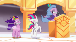 Size: 1305x725 | Tagged: safe, imported from derpibooru, screencap, pipp petals, queen haven, zipp storm, pegasus, pony, spoiler:g5, spoiler:my little pony: tell your tale, spoiler:tyts01e03, animation error, female, g5, mare, microphone, my little pony: tell your tale, podium, royal sisters (g5), siblings, sisters, sisters take flight, trio, trio female, wind