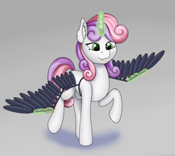 Size: 2321x2069 | Tagged: safe, artist:fess, imported from derpibooru, sweetie belle, pony, unicorn, artificial wings, augmented, cute, cute little fangs, ear fluff, fangs, female, filly, foal, glowing, glowing horn, harness, horn, magic, magic aura, mare, mechanical wing, raised hoof, simple background, solo, teeth, telekinesis, wings