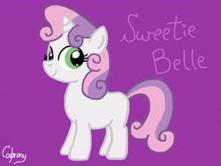 Size: 2048x1536 | Tagged: safe, artist:thebrokencog, imported from derpibooru, sweetie belle, pony, unicorn, female, filly, foal, purple background, simple background, solo