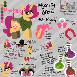 Size: 3000x3000 | Tagged: safe, artist:myahster, imported from derpibooru, oc, oc only, oc:mystery brew, unicorn, female, frown, hat, high res, horn, mare, multeity, potion, reference sheet, shawl, smiling, solo, unicorn oc, witch, witch hat