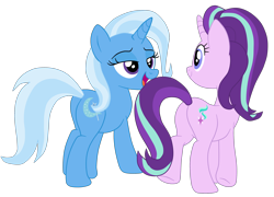 Size: 2702x1946 | Tagged: safe, artist:gmaplay, imported from derpibooru, starlight glimmer, trixie, pony, unicorn, butt, duo, duo female, female, glimmer glutes, high res, hooves, horn, lesbian, lidded eyes, looking at someone, mare, open mouth, open smile, plot, shipping, simple background, smiling, startrix, tail, the great and powerful ass, transparent background