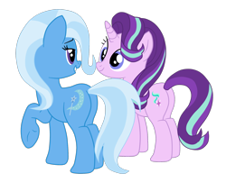 Size: 1900x1622 | Tagged: safe, artist:gmaplay, imported from derpibooru, starlight glimmer, trixie, pony, unicorn, butt, duo, duo female, female, glimmer glutes, grin, hooves, horn, lesbian, lidded eyes, looking at each other, looking at someone, mare, plot, raised hoof, shipping, simple background, smiling, standing, startrix, tail, the great and powerful ass, transparent background, underhoof