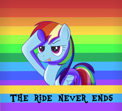 Size: 3000x2749 | Tagged: safe, artist:trackheadtherobopony, imported from derpibooru, rainbow dash, pegasus, pony, april fools, r/place, rainbow, rainbow background, reddit, salute, solo, the ride never ends