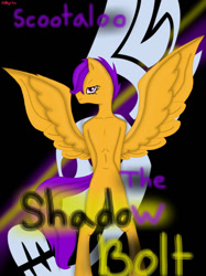 Size: 1024x1366 | Tagged: safe, artist:lorapon3, imported from derpibooru, scootaloo, pegasus, pony, arm behind back, black background, evil, evil scootaloo, female, mare, older, older scootaloo, shadowbolt scootaloo, shadowbolts, signature, simple background, solo, standing on two hooves, text