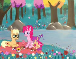 Size: 1874x1470 | Tagged: safe, artist:kurisunimii, imported from derpibooru, applejack, pinkie pie, scootaloo, alternate design, alternate universe, applepie, cottagecore, cute, family, female, flower, forest, forest background, lesbian, picnic, shipping