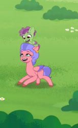 Size: 272x444 | Tagged: safe, imported from derpibooru, screencap, pegasus, pony, spoiler:g5, spoiler:my little pony: tell your tale, spoiler:tyts01e02, cherry flyaway, colt, cropped, duo, female, foal, g5, male, mare, mother and child, mother and son, my little pony: tell your tale, pony hat, skysport, zipp's flight school