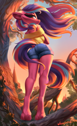 Size: 1221x2000 | Tagged: safe, artist:jumperkit, imported from derpibooru, oc, oc only, oc:serenity pond, anthro, earth pony, unguligrade anthro, ass, bedroom eyes, breasts, butt, castle, clothes, female, floppy ears, hooves, looking at you, looking back, looking back at you, pondbutt, shorts, smiling, smiling at you, solo, sunset, tree, windswept hair