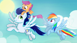 Size: 1280x720 | Tagged: safe, artist:mlplary6, imported from derpibooru, rainbow dash, scootaloo, soarin', pegasus, pony, brother in law, female, filly, flying, foal, male, mare, shipping, siblings, sister in law, sisters, smiling, soarindash, stallion, straight, sun