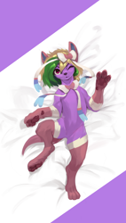 Size: 1700x3000 | Tagged: safe, artist:nsilverdraws, imported from derpibooru, oc, oc only, oc:sparkleon, oc:sparkly breeze, hybrid, sylveon, bedsheets, bow, dog ears, dog nose, female, hair bow, looking at you, no pony, one eye closed, paw pads, paws, pokémon, ribbon, solo, tail, wink, winking at you