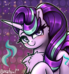 Size: 848x908 | Tagged: safe, artist:llametsul, imported from derpibooru, starlight glimmer, pony, unicorn, blushing, chest fluff, colored, cute, female, glimmerbetes, looking at you, mare, signature, smiling, smiling at you, solo