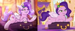 Size: 4800x2000 | Tagged: safe, artist:shad0w-galaxy, derpibooru exclusive, imported from derpibooru, screencap, pipp petals, pegasus, pony, spoiler:g5, spoiler:my little pony: tell your tale, spoiler:tyts01e03, chest fluff, ear fluff, female, folded wings, g5, high res, lying down, mare, my little pony: tell your tale, nervous, prone, scene interpretation, sisters take flight, smiling, solo, suitcase, sweat, sweatdrop, that was fast, unshorn fetlocks, wings