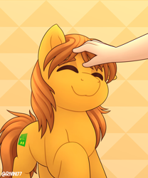 Size: 2000x2400 | Tagged: safe, artist:rivin177, imported from derpibooru, oc, oc:zip circuit, earth pony, human, pony, hand, head pat, pat, patting, pet, raised hoof, simple background, smiling, solo