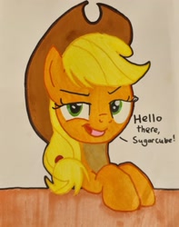 Size: 2335x2957 | Tagged: safe, artist:magicnova, derpibooru exclusive, imported from derpibooru, applejack, earth pony, pony, applejack's hat, cowboy hat, female, hat, looking at you, mare, simple background, solo, sugarcube, talking to viewer, text, traditional art, white background