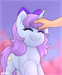 Size: 2000x2400 | Tagged: safe, artist:rivin177, imported from derpibooru, oc, oc:swirly daze, human, pony, unicorn, bow, hand, head pat, human on pony petting, pat, petting, pink cloud, raised hoof, sky, smiling, solo