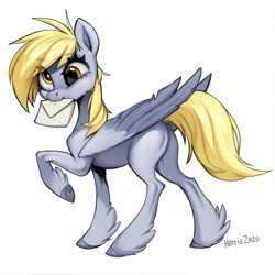Size: 1000x1000 | Tagged: safe, artist:zazush-una, imported from derpibooru, derpy hooves, pegasus, pony, butt, cute, derpabetes, envelope, missing cutie mark, mouth hold, plot, simple background, solo, unshorn fetlocks, white background