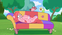 Size: 1366x768 | Tagged: safe, imported from derpibooru, screencap, pegasus, pony, spoiler:g5, spoiler:my little pony: tell your tale, spoiler:tyts01e02, couch, female, g5, implied izzy, lying down, mare, my little pony: tell your tale, outdoors, phobia, prone, scared, sock puppet, solo, windy (g5), zipp's flight school