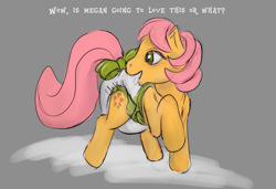 Size: 1081x739 | Tagged: safe, artist:auntiefrost, imported from derpibooru, posey, earth pony, pony, bow, diaper, diaper fetish, fetish, g1, misspelling, non-baby in diaper, poofy diaper, simple background, tail, tail bow, text