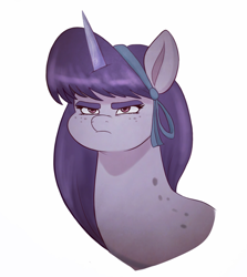 Size: 3500x3926 | Tagged: safe, artist:sallylla, imported from derpibooru, oc, oc only, oc:mallow mist, pony, unicorn, angry, bangs, bust, chubby, eyebrows, female, freckles, frown, g5, hairband, mare, my little pony: a new generation, portrait, simple background, solo, unamused, white background