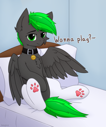 Size: 2560x3072 | Tagged: safe, alternate version, artist:keupoz, imported from derpibooru, oc, oc only, oc:bytewave, pegasus, pony, bed, bedroom, bedroom eyes, cheek fluff, chest fluff, clothes, collar, dialogue, ear fluff, eyebrows, eyebrows visible through hair, leg fluff, looking at you, male, paw pads, paw socks, paws, pillow, sidemouth, sitting, smiling, socks, solo, spread legs, spread wings, spreading, stallion, talking to viewer, toe beans, underpaw, wing fluff, wings