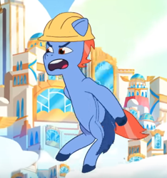 Size: 366x391 | Tagged: safe, imported from derpibooru, screencap, pegasus, pony, spoiler:g5, spoiler:my little pony: tell your tale, spoiler:tyts01e03, clothes, cropped, g5, hard hat, hat, male, my little pony: tell your tale, philly, sisters take flight, solo, stallion